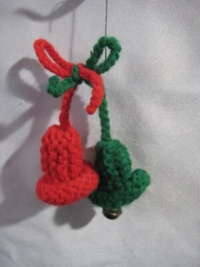 2 Vintage Handmade Crochet Christmas Bells Red Green Ornament or Pin - Picture 1 of 5