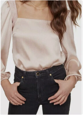 $125 Astr The Label Women's Pink Satin Long-Sleeve Blouse Bodysuit Top Size L - Image 1 of 3