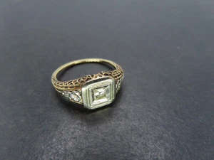 Antique 14K-18k Yellow/White Gold & Diamond Filigree Ring, Size 6.25, 2.2g - Picture 1 of 8