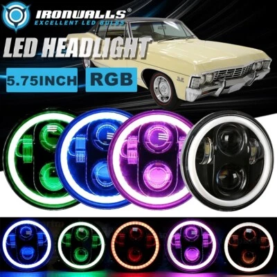 For 1967-76 Chevrolet Caprice 4PCS 5.75" LED Headlight Hi/Lo RGB Angel Eyes Ring - Image 1 of 4