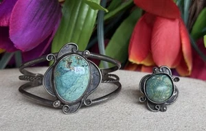 Set 2ps Vintage Sterling Silver Turquoise Cuff Bracelet/Ring Sz 7.75 #9 - Picture 1 of 15