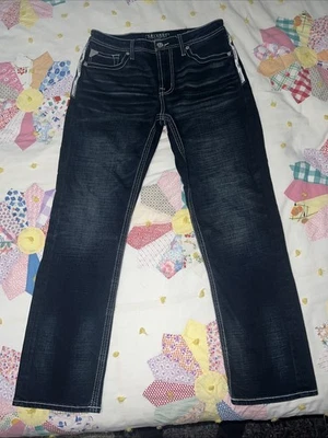 Pantalones de mezclilla Salvage Supply Company con hebilla Mayhem rectos calce regular elásticos 33 X 32 Foto 1 de 4