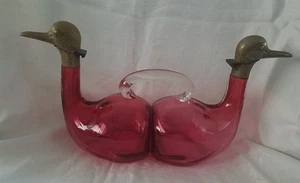 Art Deco 1920s Cranberry Glass Duck Brass Neck & Head Double Cruet Austria - Picture 1 of 9