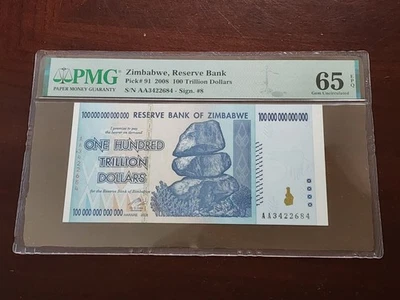 Billete de 100 billones de dólares de Zimbabue, 2008 P-91 PMG 65 EPQ gema sin circular. Foto 1 de 4