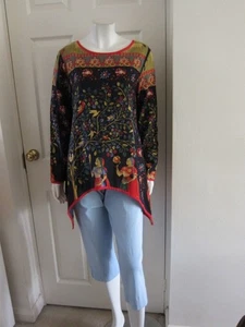 O-nelue Vintage Print Cotton Asymmetrical Hem Long Sleeve Sun Blouse Size M - Picture 1 of 16