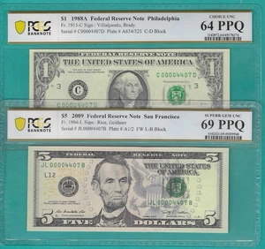$1 and $5 2X Matching LOW Serial Number 4 Digit 00004407 PCGS Graded 69/64PPQ - Picture 1 of 2