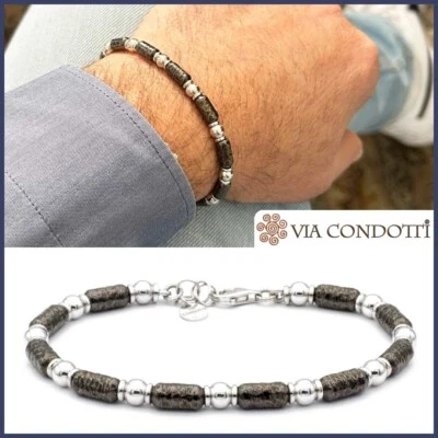 Bracciale uomo Argento 925 braccialetto barrette e sfere bianco e nero titanio - Immagine 1 di 4