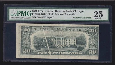 US 1977 $20 FRN Chicago District Gutter Fold Error FR 2072-G PMG 25 Ch VF (631) - Image 1 of 2