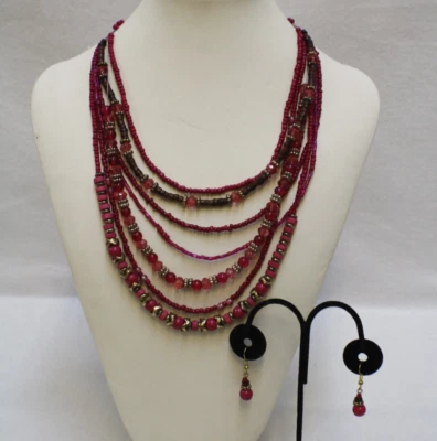 7 strand Pink & Gold Tone Beaded Necklace & Matching Dangle Earrings - Image 1 of 4