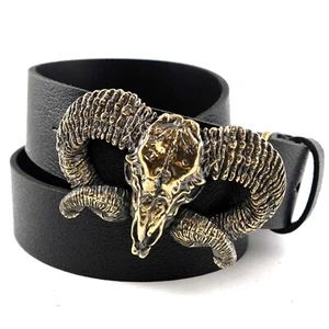 Leather belt with brass buckle Ram Skull, Bighorn, Mouflon Tribal Trophy Skull - Picture 1 of 17