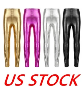 Kids Girls Metallic Stretchy Pant Shiny Skinny Legging Gym Trouser Dance Costume - Picture 1 of 36