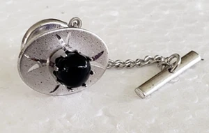 Vintage Enco Onyx silberfarbene ovale Krawatte Tack Pin 5/8 Zoll Sicherheitskette diamantgeschliffen - Bild 1 von 6