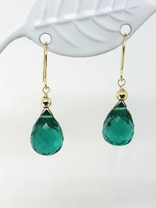 14k Yellow Gold Simulated Emerald Briolette Drop Dangle Earrings - Picture 1 of 4