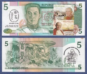 Billete de 5 Pesos Lorenzo Ruiz y BEATIFICACIÓN del PAPA PABLO II Ovpt Filipinas #B - Imagen 1 de 4
