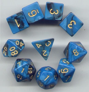 NEW RPG Dice 10pc - Twisted Black-Blue - 1 @ D4 D8 D10 D12 D20 D00-10 & 4 D6 - Picture 1 of 1