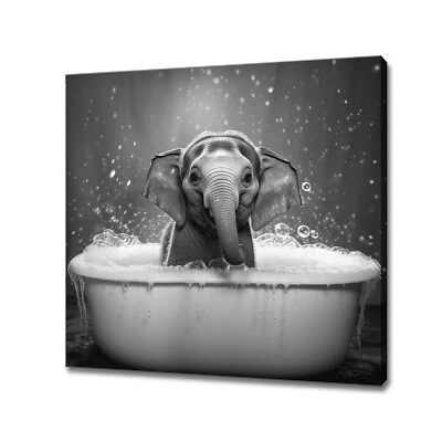 Cute Elephant In The Bath Tub Black White Animal Kids Room Canvas Print Wall Art - Image 1 of 4