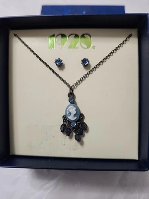 New 1928 Blue Cameo Necklace And Blue Earring Set 16" Adjustable  - Image 1 of 3