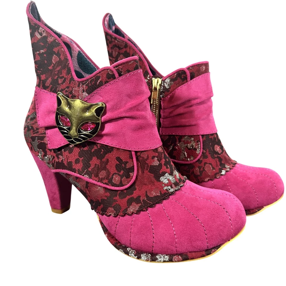 New Irregular Choice Miaow Pink Ankle Boots Womens EU41 Cat Floral Brocade - Image 1 of 4