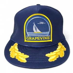 Vtg 80s Grapevine Texas Sail Patch Gold Leaf Navy Trucker Hat Snapback Rope Mesh - Picture 1 of 10
