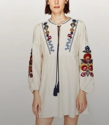 Zara Woman Dress Women’s Medium White Boho Embroidered Floral Tunic Peasant Top - Image 1 of 4