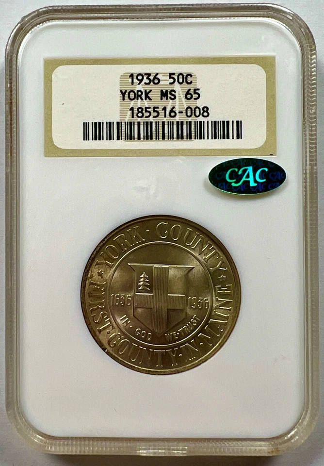 1936 York County Commemorative Half Dollar – NGC MS65 w/ CAC – Old Fatty Holder - Image 1 of 2