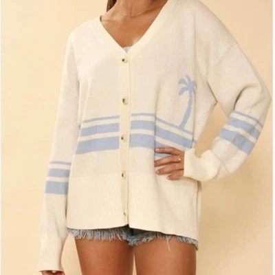 Miss Sparkling Cream and Blue Palm Tree Boyfriend Cardigan Size M - Image 1 of 4