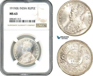 AJ528, India (British) George V, 1 Rupee 1919 B, Bombay Mint, Silver, NGC MS63 - Picture 1 of 1