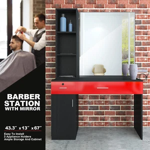 Black+Red Wall Mount Salon Barber Station Styling w/ Mirror,Drawer,Cabinet,Shelf - Picture 1 of 12