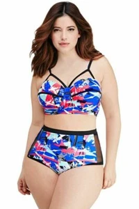 Forever 21 Plus Splattered High-Waisted Bikini Swimsuit w/Mesh $24.95 - Picture 1 of 12