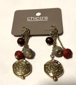Orecchini Chicos Boho Legno Perline Filo Disco Oro Nuovi - Foto 1 di 7