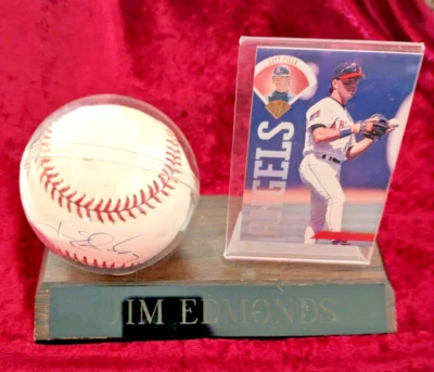 JIM EDMONDS Autographed Rawlings Gene Budig MLB Ball with 1995 Leaf Card - Image 1 of 4