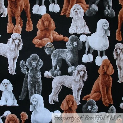 BonEful Fabric FQ Cotton Quilt Black Brown Gray B&W Standard American POODLE DOG - Image 1 of 4