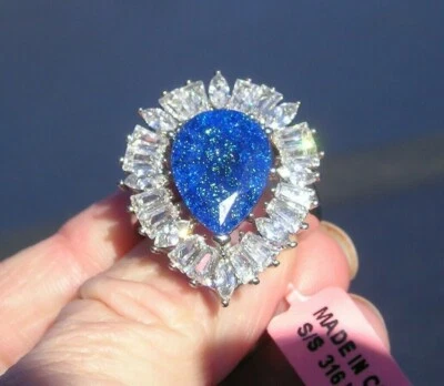 Anillo de cóctel llamativo de vidrio azul circonita cúbica de acero inoxidable 316L tamaño 10 etiquetas Foto 1 de 4