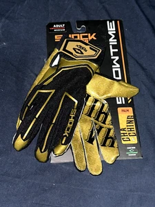 SHOCK DOCTOR ADULT MED FOOTBALL RECEIVER GLOVES BLACK & GOLD CHA CHING ON PALM - Picture 1 of 9