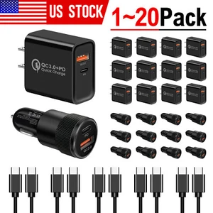 Fast USB+Type C Wall Charger+Car Charger+3FT Charging Cable Power Adapter US Lot - Picture 1 of 22