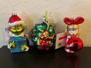 Hallmark Dr. Seuss GRINCH MAX DOG CINDY LOU SET 3 GLASS Christmas ORNAMENTS NEW - Picture 1 of 22