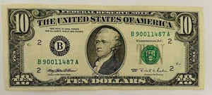 1995 $10 Federal Reserve Note, New York, circulated B 90011487 A - Picture 1 of 6