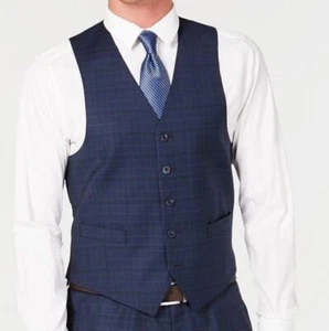 Michael Kors Men Blue Classic Fit 5 Button Wool Plaid Dress Suit Vest Size 38R - Picture 1 of 2