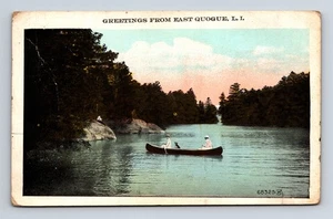 1923 Canoe Dog River Float Greetings from East Quogue NY LI Long Island Postcard - Picture 1 of 4