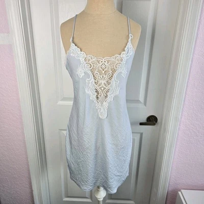 In Bloom By Jonquil Blue Lace Trim Nightgown Size M Low Back Chemise Lingerie  - Image 1 of 4