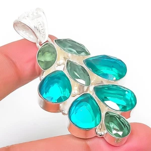 Indicolite Tourmaline, Tsavorite 925 Sterling Silver Jewelry Pendant 2.17" - Picture 1 of 5