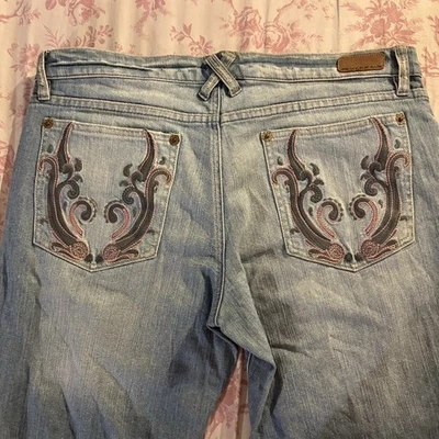 Jeans DKNY Downtown Brooklyn Bordados Bolsillo Denim Para Mujer Talla 13 Y2K Acampanado Foto 1 de 4