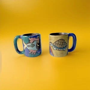 TWO Set Stoneware Jumbo Mugs Sculptor Mara of Mexico TURTLES FISH Signed 16 Oz - Picture 1 of 16