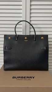 NEW BURBERRY MEDIUM LUXURY BLACK LOGO TITLE BAG HANDBAG - Picture 1 of 13
