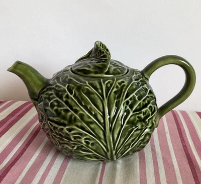 Large Vintage Majolica Style Pottery Green Cabbage Design Teapot - Image 1 of 4