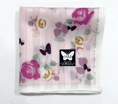 ЖЕНСКИЙ НОСОВОЙ ПЛАТОК ЯПОНИЯ РОЗОВЫЙ БАБОЧКА ЦВЕТОЧНЫЙ РОЗА ХЛОПОК КАРМАН КВАДРАТНЫЙ 20» - Изображение 1 из 4