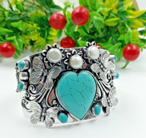 925 Sterling Silver Turquoise &Akoya Pearl Gemstone Handmade Jewelry Bracelet - Picture 1 of 6