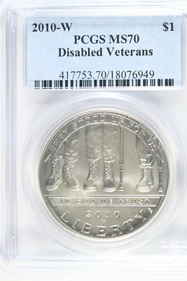 2010 W UNCIRCULATED $1.00 Silver Commemorative - Disabled Vets - PCGS MS 70 - Image 1 of 2