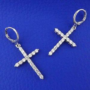 Crystal Cross White Gold Plated Clear Stones Dangle Drop Hoop Fashion Earrings - Picture 1 of 12