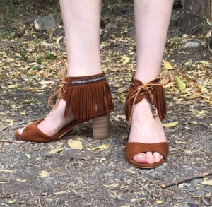 R and Be Size 8.5 Suede Fringe Emroidered Lace Up Beaded 2.5” Heels - Picture 1 of 6